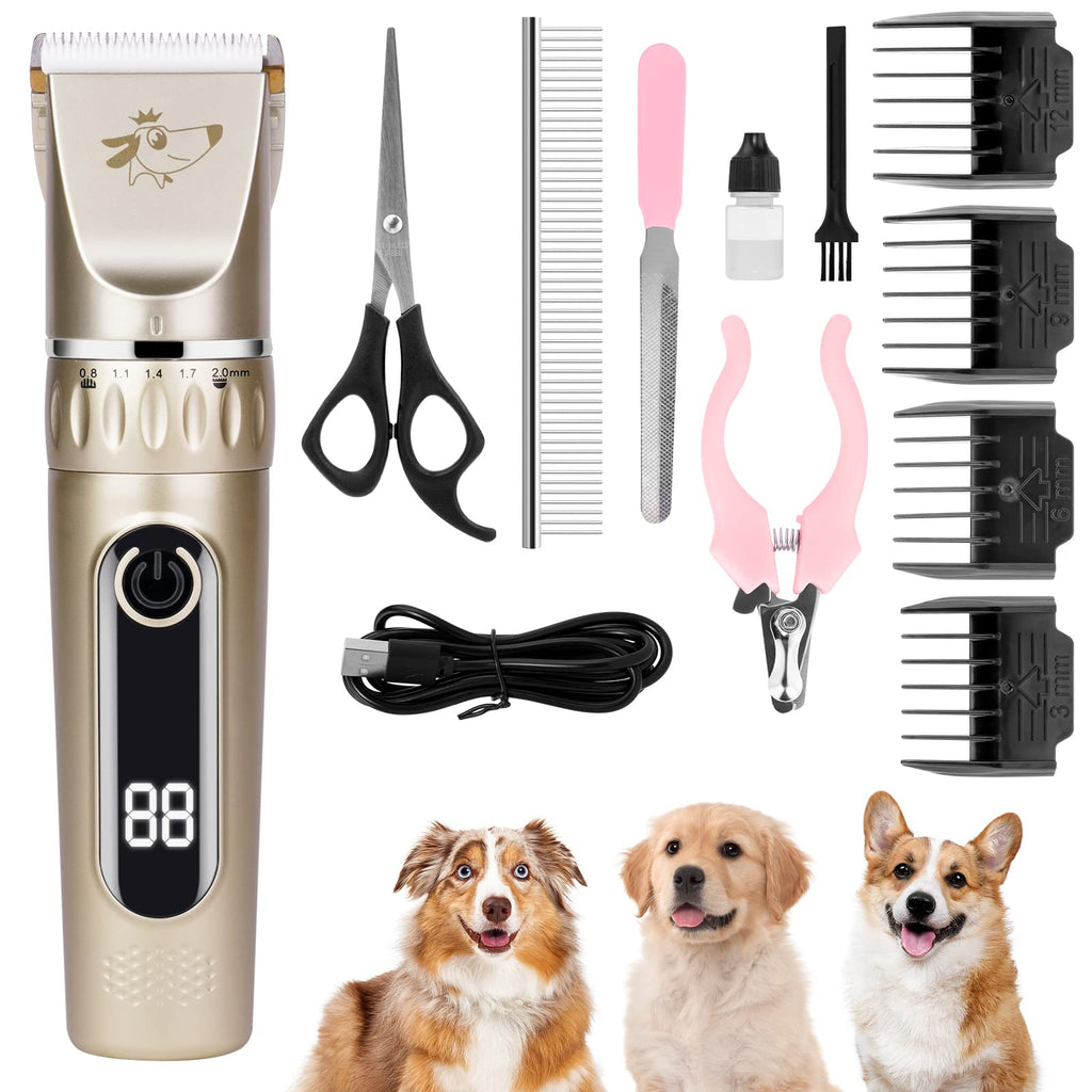 VSSHE Dog Clipper, Quiet Clipper Dog and Cat with 2 Speeds Rechargeable Cordless Cats and Dogs Horse Hair Clipper Clipper Dog with 11 Accessories Gold