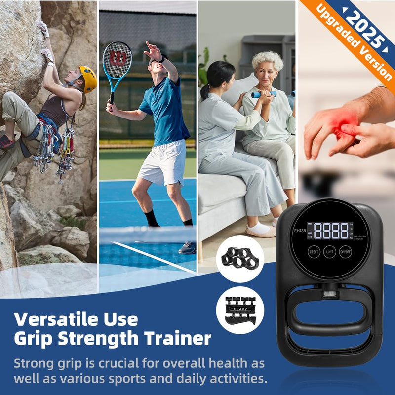 Grip Strength Tester Hand Gripper - Grip Strength Trainer Hand Dynamometer Handheld Meter LED Display Comfortable 265 Lbs / 120 Kgs Finger Strengthener for Sports Home School Gym Use Black
