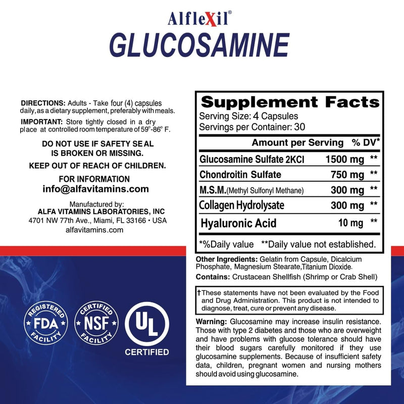 ALFA VITAMINS ALFLEXIL Glucosamine, Chondroitin & Collagen Supplement, Gluten Free, Supports Joints, Bones & Knees, Includes MSM & Hyaluronic Acid for Mobility & Joint Health, 120 Capsules