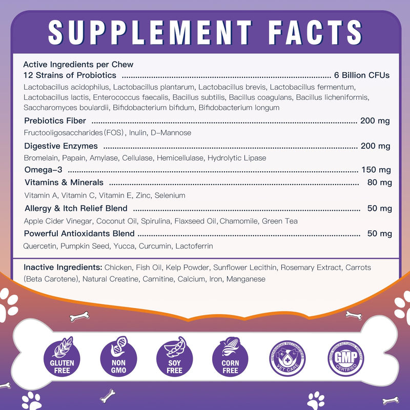 DRFOSTER Probiotics for Dogs, Freeze-Dried Dog Probiotics and Digestive Enzymes, Plus Omega-3 for Itchy Skin, Prebiotics for Digestive Health, Dog Vitamins and Supplements for Immune Health, 180 Bites Purple