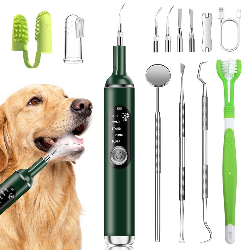 Dog Plaque Remover for Teeth,Pet Ultrasonic Tooth Cleaner with LED Light,Cleaning Kit for Tartar and Stains,5 Adjustable Modes,Pet Teeth Cleaning kit,Suitable for Dogs and Cats (Green) Green
