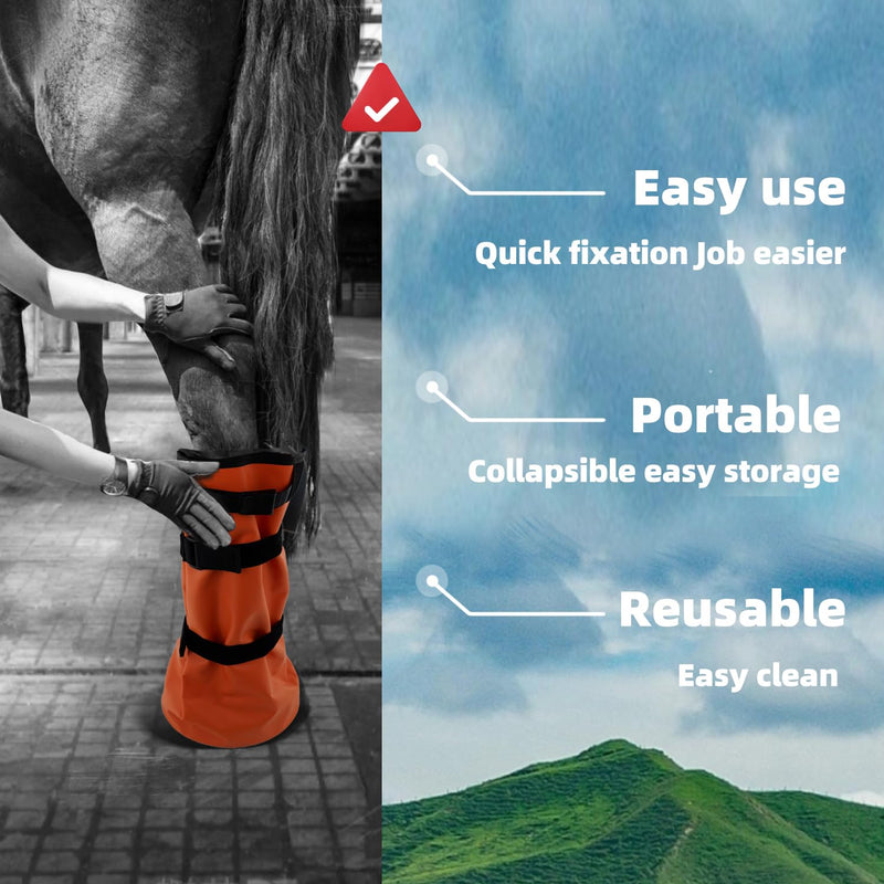 Horse Soaking Boot Equine Hoof Shoes Hoof Soaking Bag,Easy use Soaker Bag for Treating Common Hoof Ailments,Horse Leg Care ice Treatment Bucket with Quick fix Switch and EVA pad Orange