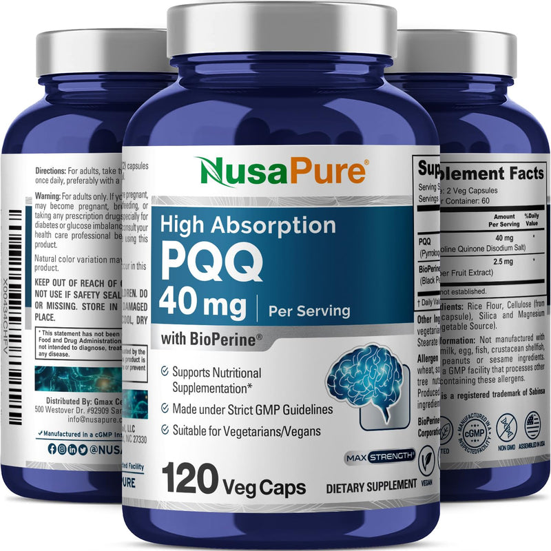 NusaPure PQQ Supplement 40 mg, 120 Veggie Capsules, Non-GMO, Pyrroloquinoline Quinone Disodium Salt, Bioperine 120 Count (Pack of 1)