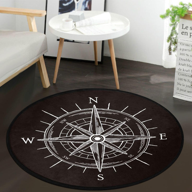 keepcute Vintage Wind Rose Compass Black Round Area Rug for Bedroom Living Room Study Playing,Non-Slip Round Floor Mat Carpet,4 ft 4' (Round)