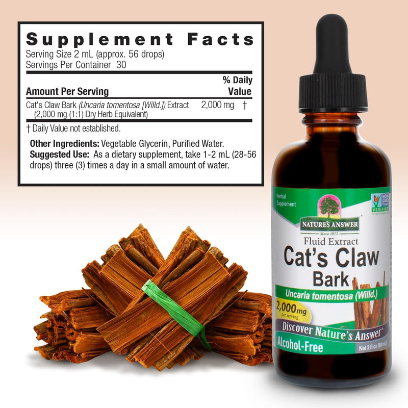 Nature's Answer Cat's Claw Bark Liquid Extract Supplement 2 Ounce - Alcohol Free Cats Claw Tincture & Capsules Alternative for Joint & Muscle Support, Vegan, Non-GMO, Gluten Free, Kosher 2 Fl Oz (Pack of 1) - BeesActive Australia