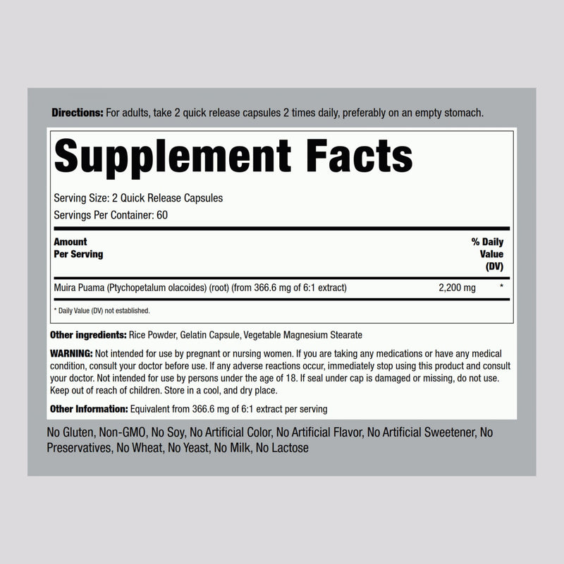 Piping Rock Muira Puama Root Extract 2200 mg | 120 Capsules | for Men & Women | Non GMO, Gluten Free Supplement - BeesActive Australia