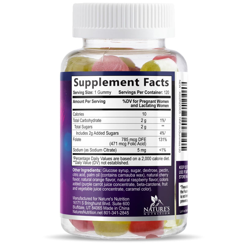 Folic Acid Gummies - Essential Prenatal Vitamins for Women - Daily Folate Vitamin B9 for Mom & Baby Development Support - Before During & After Pregnancy, Natural Orange & Cherry Flavor - 120 Gummies 120 Count (Pack of 1)