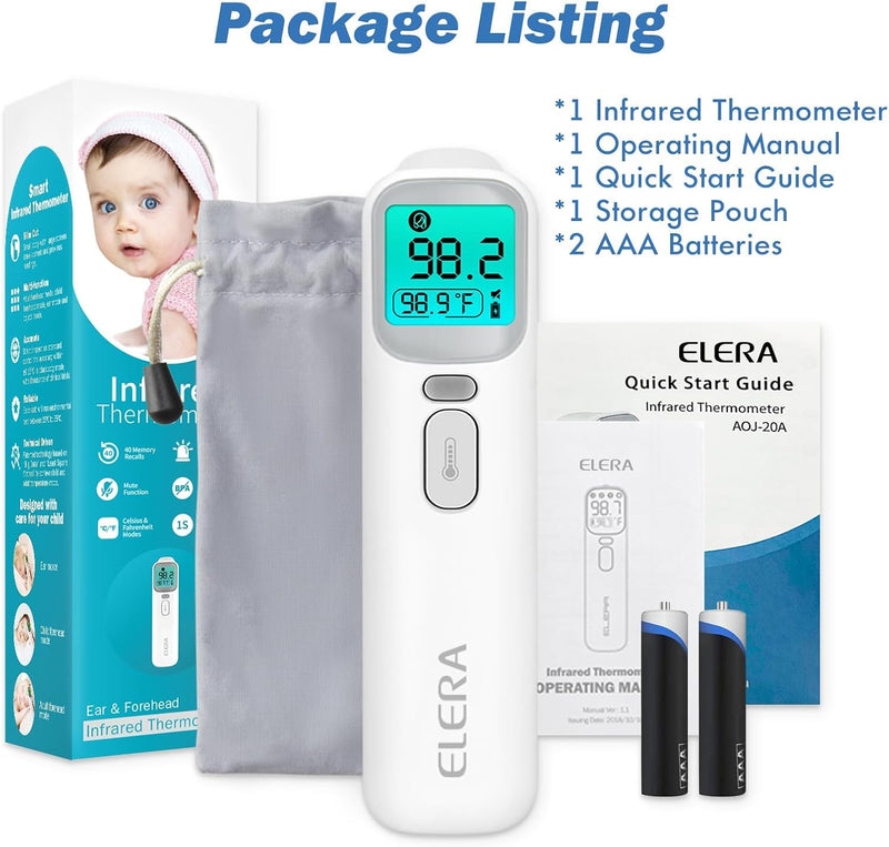 Elera Ear Thermometer for Kids, Baby Thermometer with Forehead and Ear Mode for Adults, Infant, Kids and Toddler, Touchless and 1 Second Reading with Fever Alarm and Mute Function, LCD - BeesActive Australia
