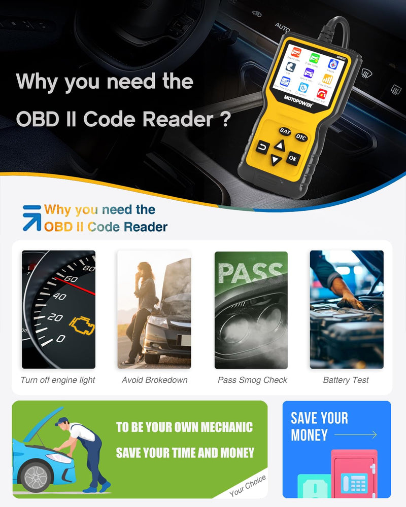 MOTOPOWER MP69033 Pro OBD2 Scanner Code Reader Check Engine Fault Light Diagnostic Scan Tool with Battery Tester - BeesActive Australia