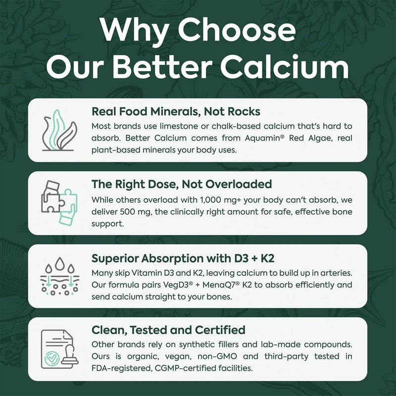 Organics Ocean Better Calcium - Organic Red Algae Calcium with Vitamin D3 and K2 Supplements - Supports Bone Structure, Joint Comfort & Encourages Healthy Aging - Plant-Based, Non-GMO - 1 Pack 60 Count (Pack of 1)