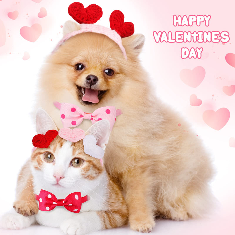2Pcs Valentines Day Heart Headband for Cat and 2Pcs Pet Neck Bow Cat Valentines Day Headband with Ear Holes and Chin Straps Adjustable Dog Bow Tie Valentines Pink Red Heart Headband for Dogs Cats Pets - BeesActive Australia