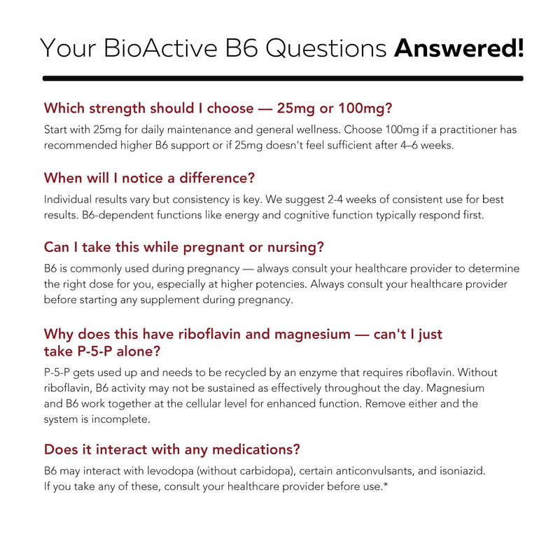 BioActive Vitamin B6 25mg Capsules - Active P-5-P Form for Mood, Energy & Cycle Support - Enhanced Absorption with Riboflavin & Magnesium - Clinical Strength, Non-GMO (60 Capsules - 2 month supply) 25 mg
