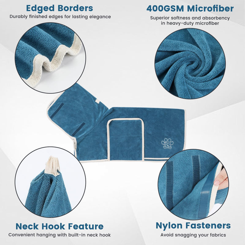 PETTOM dog bathrobe, dog bathrobe with high collar, dog bathrobe for large, medium and small dogs, dog bathrobe microfiber with Velcro fastener (blue, L) blue - BeesActive Australia
