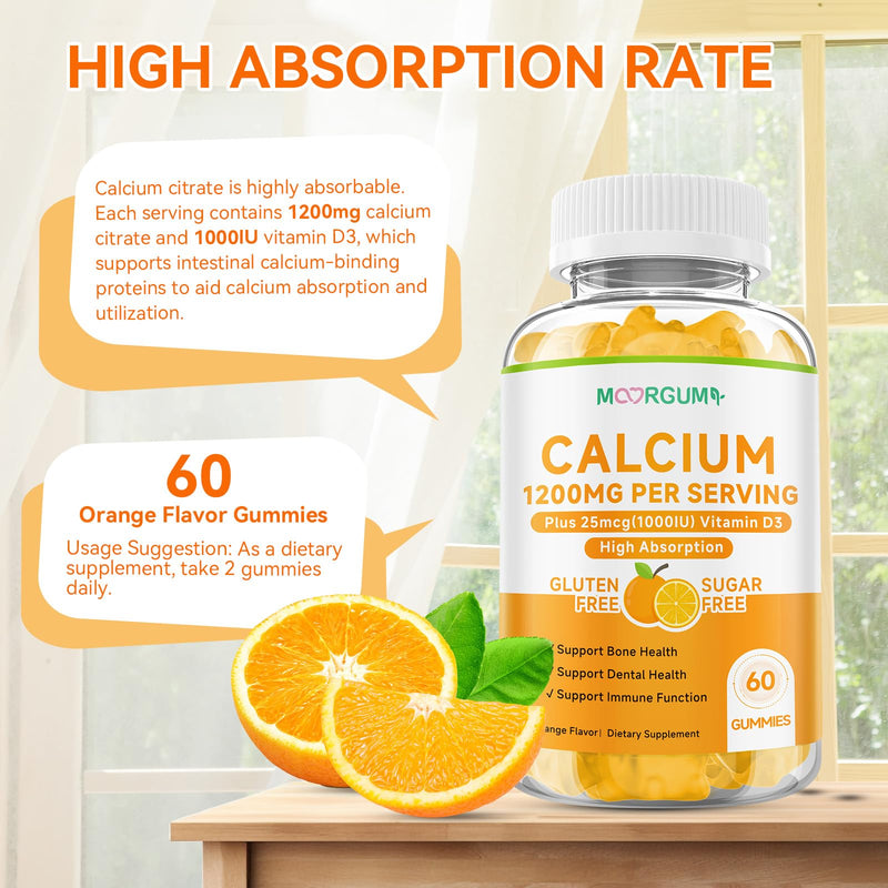 Calcium Citrate Gummies for Kids, Adult - 1200 mg with Vitamin D3 1000IU - Support Bone, Teeth, Immune Health, High Absorption Calcium and Vitamin D Supplement, Orange Flavor, 60 Count 60 Count (Pack of 1)