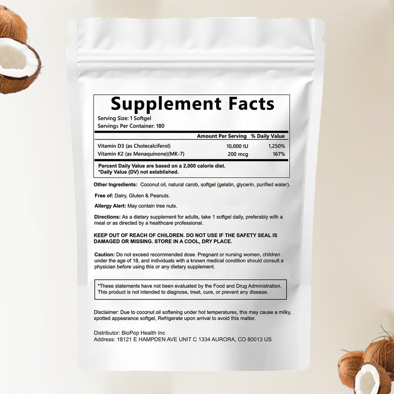 Naturals D3 K2, Essentials Vitamin D3 K2, Vitamin D3 K2 10000 IU+ K2 200 mcg MK-7, Coconut Oil, Extra Strength, Bone & Immune Support, 180 Softgels 1
