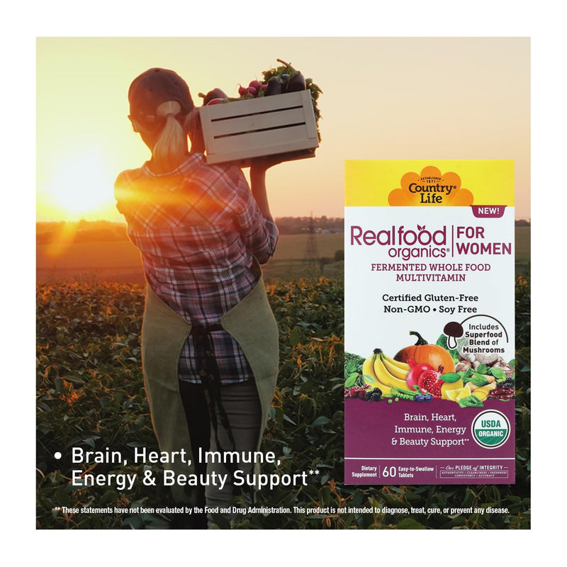Country Life Realfood Organics Women’s Multivitamin, 60 Tablets | USDA Organic whole food formula with 1,310 mg organic food blend plus vitamins D, E, folate and biotin