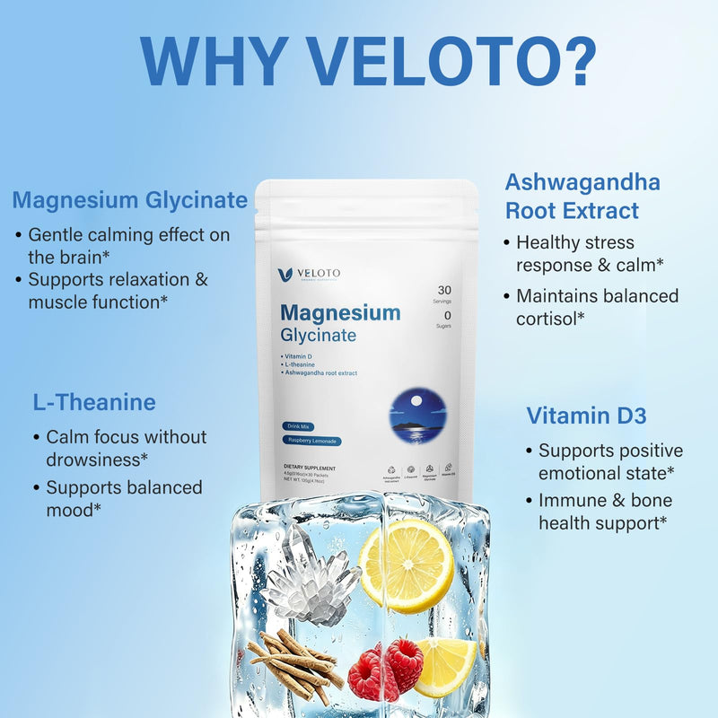 VELOTO Magnesium Glycinate Calm Drink Mix, Sugar Free Magnesium Supplement | with L-Theanine, Ashwagandha & Vitamin D3, Calm Powder for Relaxation, Stress Support & Sleep Support,Raspberry Lemon