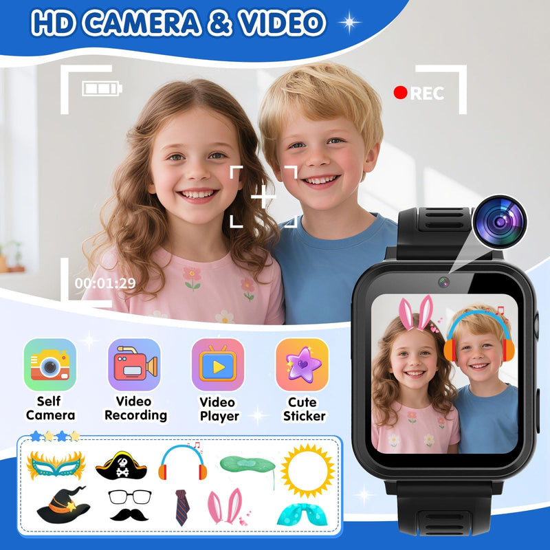 MOFGDNI Smart Watch for Kids with 39 Games Touchscreen Camera Video, Music Player, Pedometer, Calculator, Calendar, Stopwatch, Flashlight, Alarm Clock 12/24 hr, Birthday Gifts Toys for Boys Ages 3-12 Black - BeesActive Australia