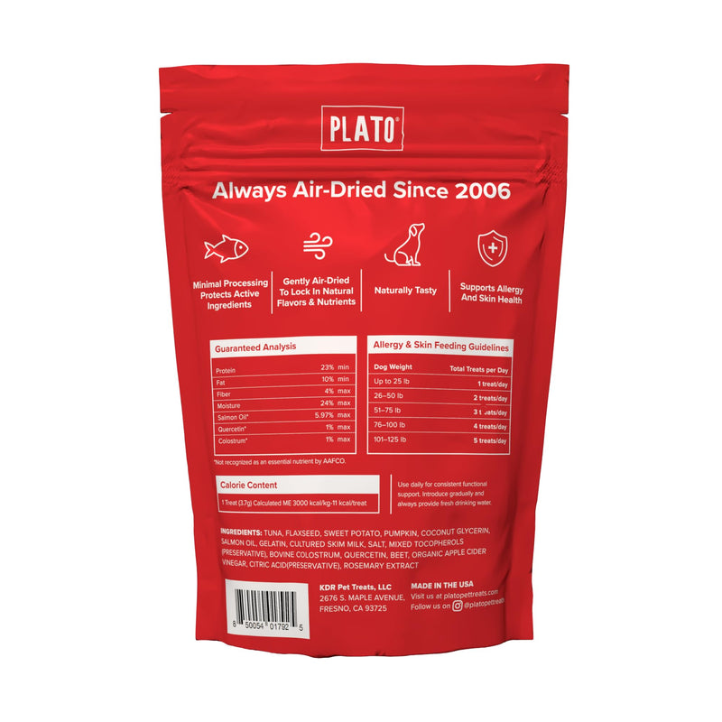 PLATO Pet Treats Air-Dried Wellness Chews for Dogs – Functional Dog Chews – Supports Skin Health & Allergy Relief – Salmon Oil, Colostrum & Quercetin Recipe 16oz 120 Count (Pack of 1)