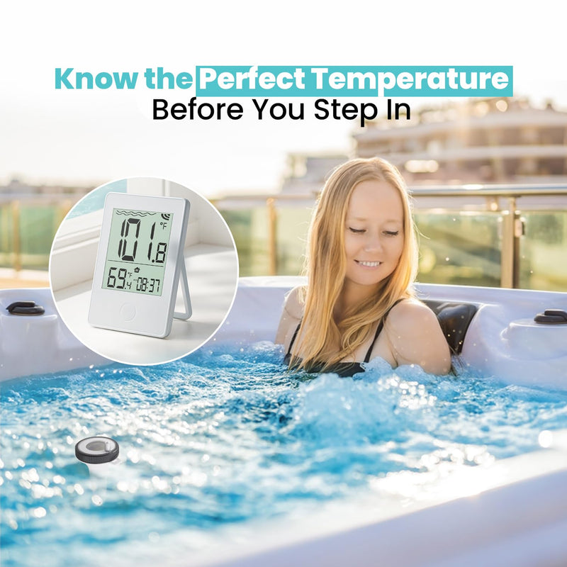 Pure55 SpaGauge Wireless Hot Tub Thermometer w/Batteries - IPX7 Waterproof Pool Thermometer - Floating, Easy-Read Digital Temperature Gauge w/Indoor Display - Ideal for Outdoor Ponds, Swimming Pools White Spa