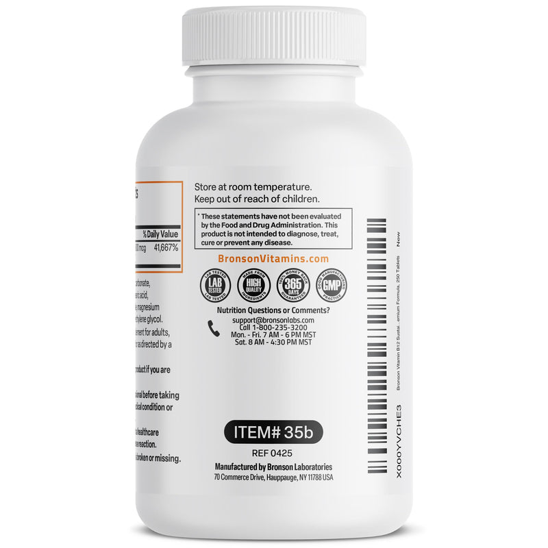Bronson Vitamin B12 1000 mcg Sustained Release, Energy Support, 250 Tablets | Healthy Brain Function & Nervous System Support, Vegan, Non-GMO, Gluten-Free & Soy-Free 250 Count (Pack of 1)