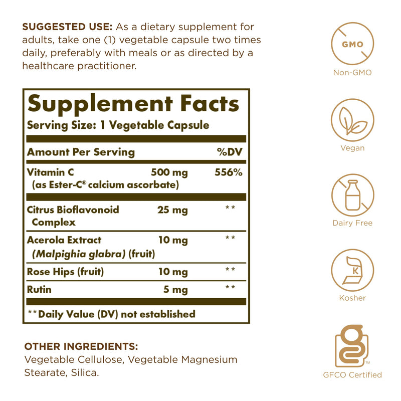Solgar Ester-C Plus 500 mg Vitamin C (Ascorbate Complex) - 50 Vegetable Capsules - Gentle & Non Acidic - Antioxidant & Immune Support - Non GMO, Vegan, Gluten Free, Kosher - 50 Servings 50 Count (Pack of 1)