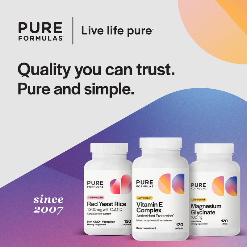 PureFormulas Vitamin E Complex, Full-Spectrum Vitamin E for Cardiovascular and Immune Support, Gamma-tocopherol Rich Antioxidant, Gluten-Free & Kosher, 120 Softgels for Antioxidant Protection