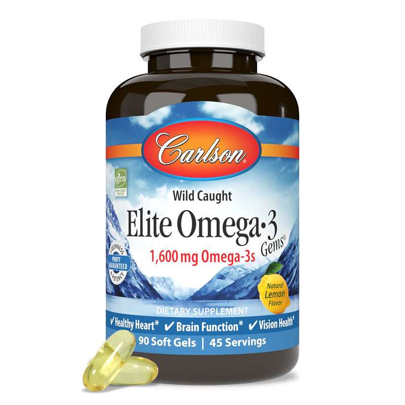 Carlson Elite Omega-3 Gems, 1600 mg, From Norway, Lemon, 90 Softgels | Omega-3 Fatty Acids Including EPA and DHA; Wild-Caught Fish Oil Supplement; Sustainably Sourced Omega 3 Fish Oil Capsules