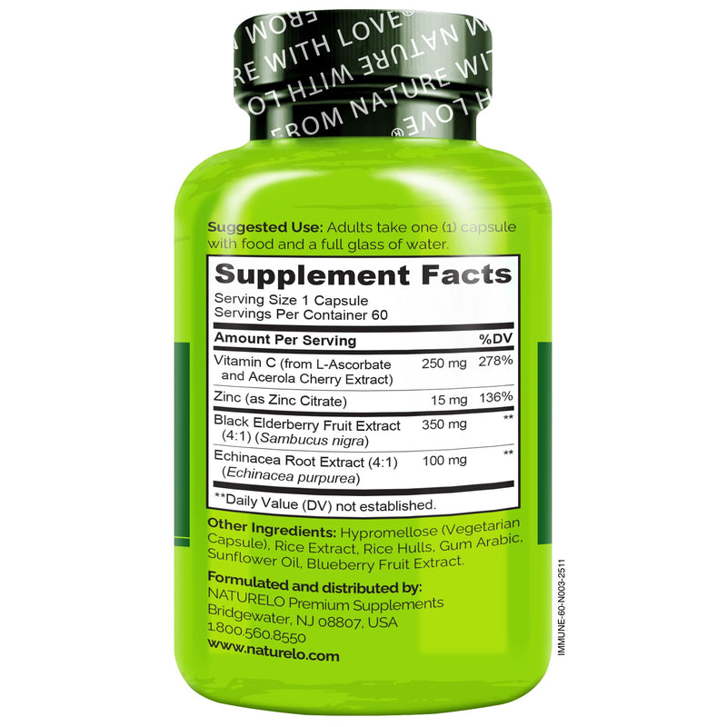 NATURELO Immune Support Supplement, Elderberry Vitamin C, 60 Vegan Capsules | Echinacea capsules with zinc, Immune Health, Natural Immunity Boost w/Antioxidant, Herbal & Mineral Defense