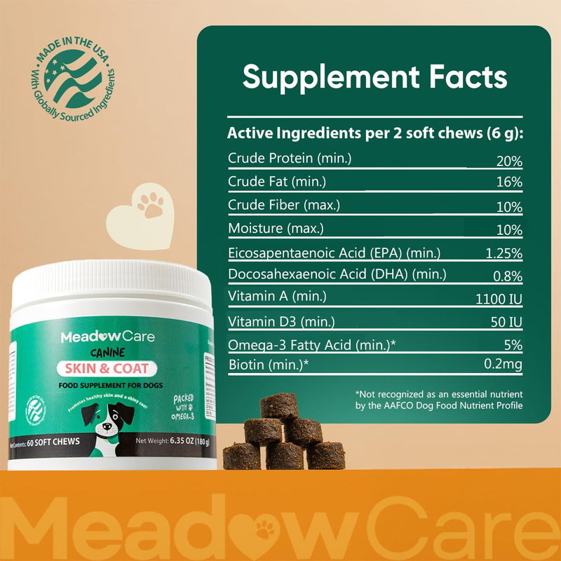 Skin and Coat Supplement for Dogs | Omega 3 Fatty Acid Formula to Support Canine Healthy Skin, Reduce Shedding, and Improve a Glossy, Shiny Coat | 60 Tasty Soft Chews 180g (6.35 oz) | by MeadowCare