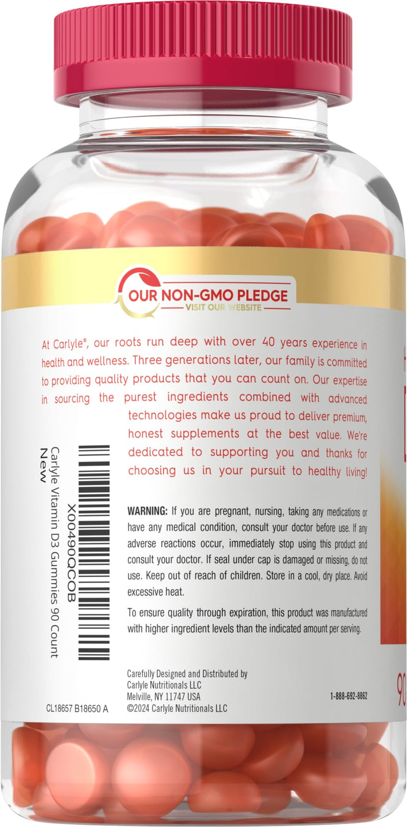 Carlyle Vitamin D3 Gummies 5000 IU (125 mcg) | 90 Count | Peach Flavor | Vegetarian, Non-GMO, Gluten Free Supplement 90 Count (Pack of 1)