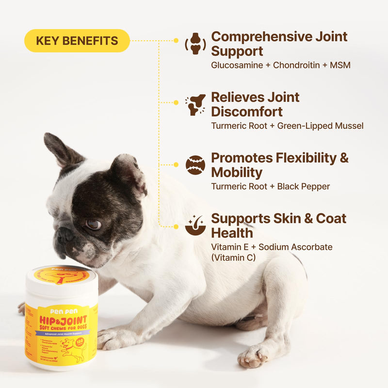 PENPENPET Hip and Joint Supplement for Dogs with Glucosamine for Dogs Chondroitin, MSM, and Turmeric to Support Joint Health, Promote Mobility (Chicken Chews, 180ct)
