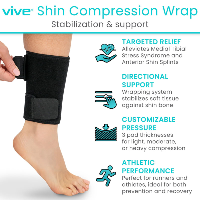 Vive Shin Splint Compression Wrap (Pair) - Adjustable Brace for Pain Relief, Support and Recovery - Lower Calf Compression Sleeve - for Medial Tibial Stress Syndrome and Anterior Shin Splints (Black) Black