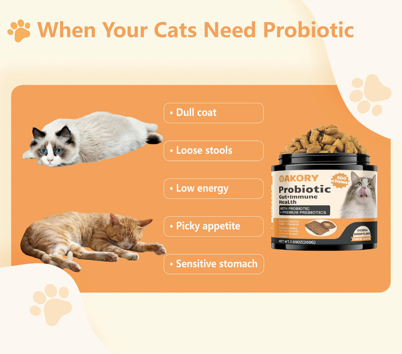 Cat Probiotics Tasty Chews –500 Chews Crunchy & Creamy Texture, with Fish Oil Omega-3 Skin & Coat Health Digestive & Gut Support, Constipation Relief, Healthy Stool, Chicken Flavor with Cheese Center