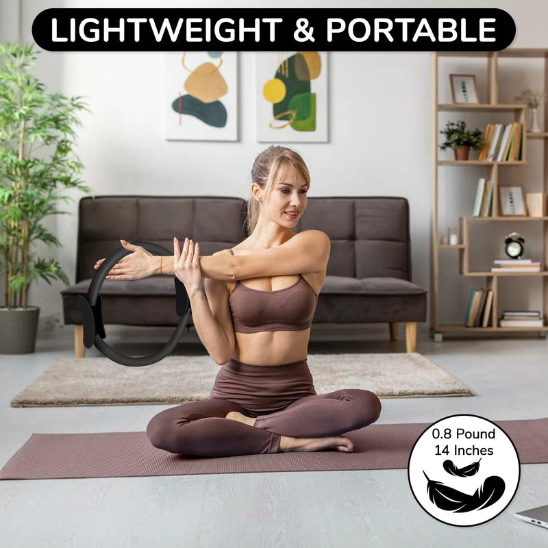 TOPZGLEEY Pilates Ring Set – 14" Anti-Deformation Magic Circle with Padded Handles, Mini Ball, 5 Resistance Bands, Guide, Pilates Equipment for Home Workout BLACK