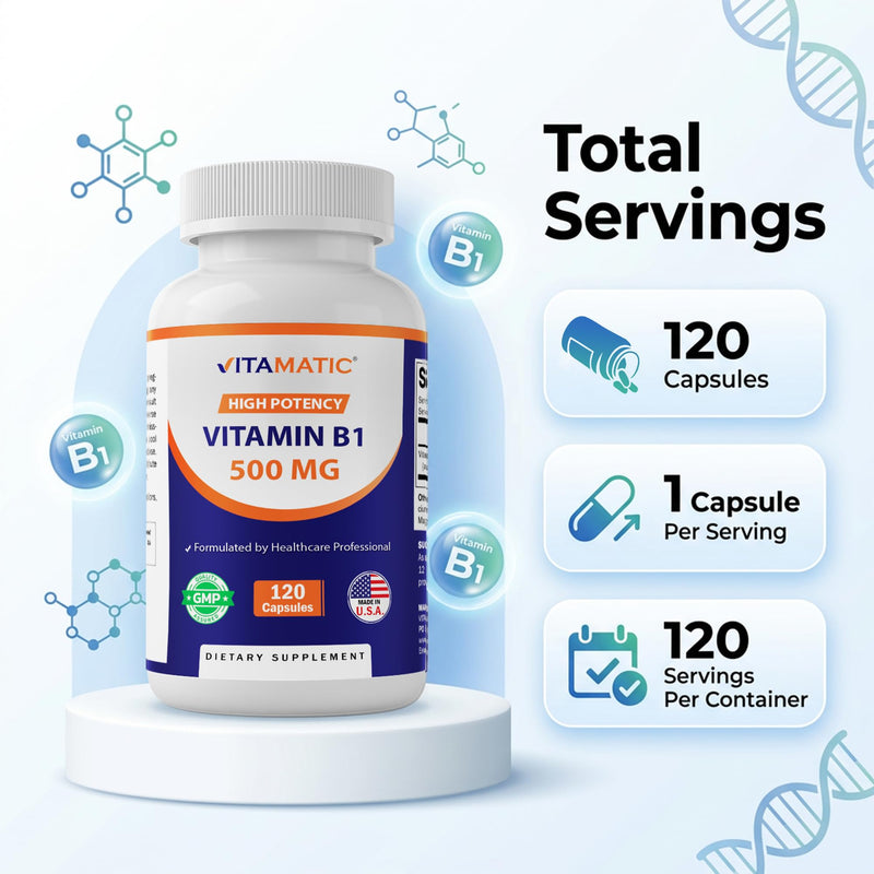 Vitamatic Vitamin B1 500 mg (Thiamine Mononitrate), 120 Capsules (2 Pack) | High Potency B1, Supports Nervous System Health and Energy Metabolism*, NonGMO, Gluten Free, Made in USA 60 Count (Pack of 2)