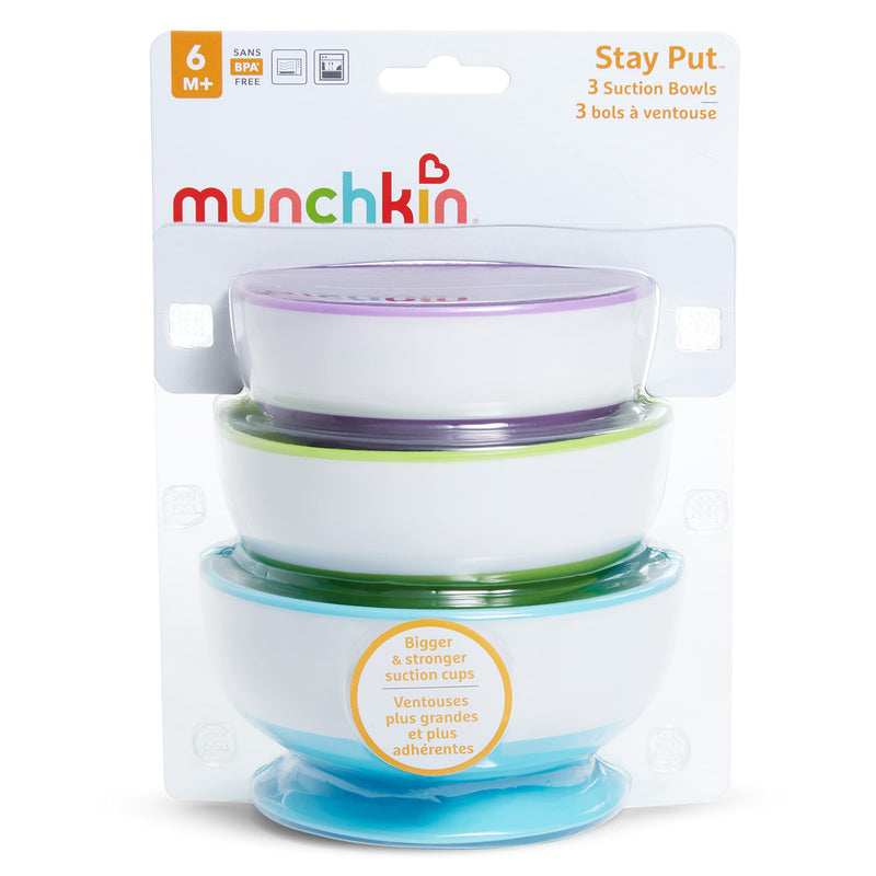 Munchkin® Stay Put™ Suction Bowls for Babies and Toddlers, 3 Pack, Blue/Green/Purple 3pc Bowls, Purple