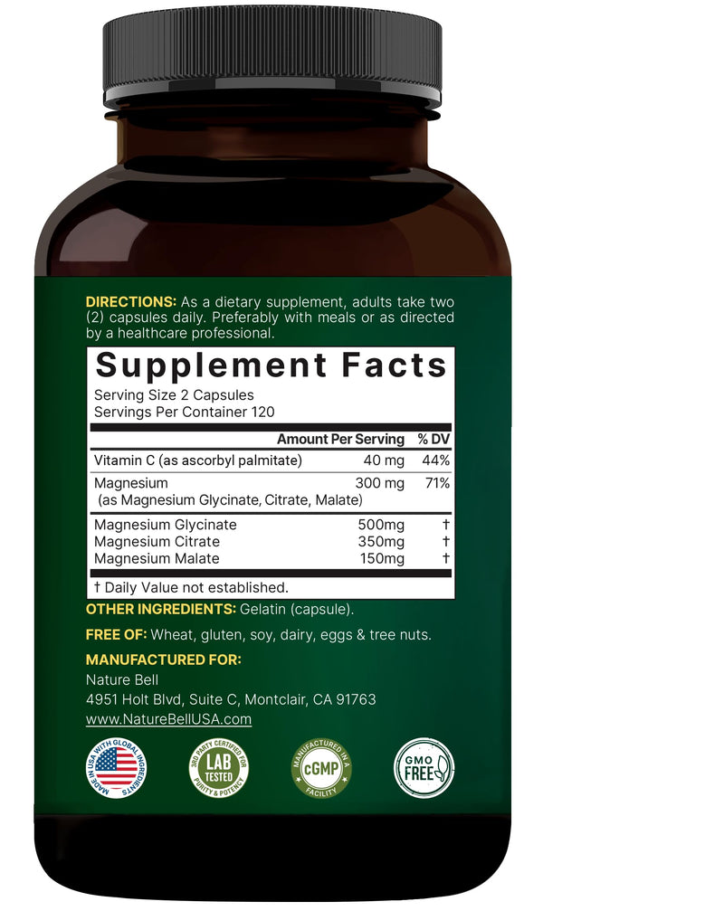 NatureBell Triple Magnesium Complex, Glycinate Citrate Malate, 240 Capsules | 1,000 mg Blend Per Serving. 3-in-1 Chelated Magnesium Supplement with Vitamin C. For Women & Men. Filler Free, Non-GMO. 240 Count (Pack of 1)