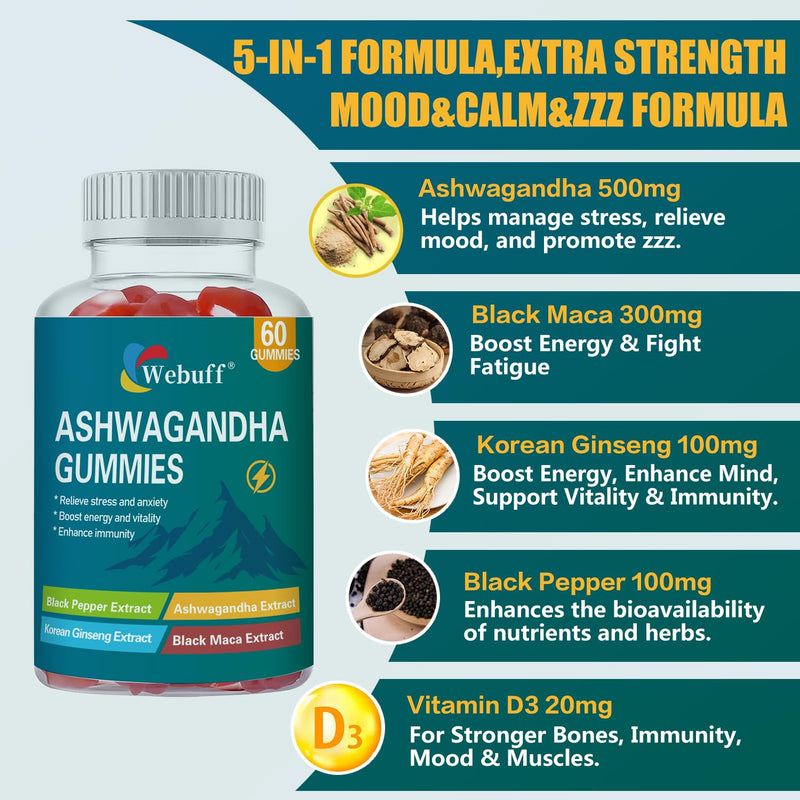 Ashwagandha Gummies with L-Theanine & Black Pepper Extract for Daily Stress Relief, Mood Support & Mental Clarity - Non-GMO, Gluten-Free, Vegan - 60 Count 60 Count (Pack of 1)