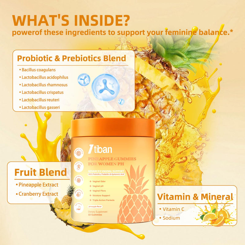 Pineapple Gummies for Women pH, Premium Feminine pH Balance Gummy, Vaginal Probiotics, Immune Support, Vegan, Gluten-Free, 60 Gummies 30 Servings