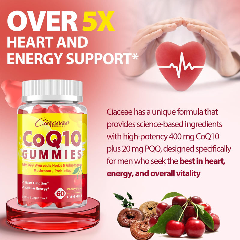CoQ10 Gummies with PQQ - 400 MG Coenzyme Q10 High Potency, Enhanced with Ayurvedic Herbs, Adaptogenic Mushroom Blend & Probiotics for Heart, Brain, Energy, Immunity, Cherry Flavor, 120 Vegan Gummies 60 Count (Pack of 2)
