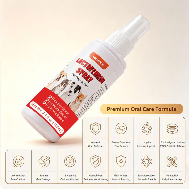 Lactoferrin Pet Oral Care Spray for Dogs & Cats, Natural Gingivitis Support for Gum Sensitivity & Oral Discomfort, with Colostrum, L-Lysine & Prebiotics FOS, Gentle Daily Oral Care, 100ml