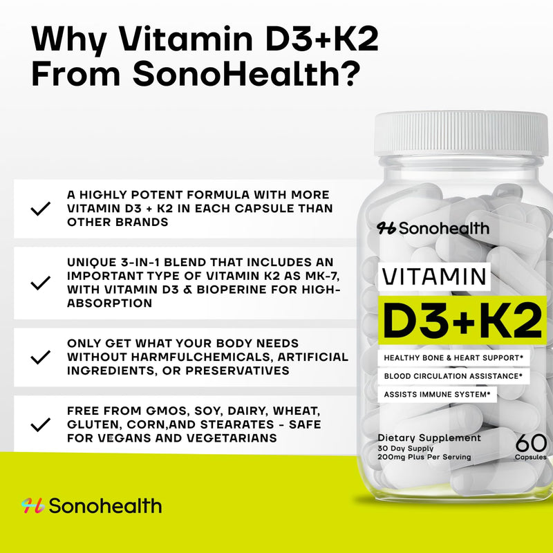 Vitamin D3 + K2 with BioPerine – High Absorption 3-in-1 Formula – Vegan-Friendly, Non-GMO, Gluten-Free – Supports Bone, Heart, and Immune Health – 60 Capsule 1 Count (Pack of 60)