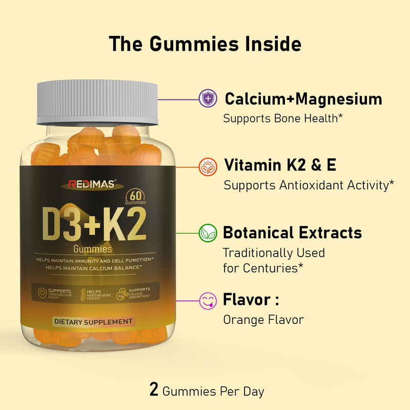 Vitamin D3 K2 Gummies, Vegan Orange Flavor, 60 Count (30 Servings) | Calcium and Magnesium Supplement with Multi-Vitamin Complex, Bone & Immune Wellness, Daily Nutrient Intake for Women and Men
