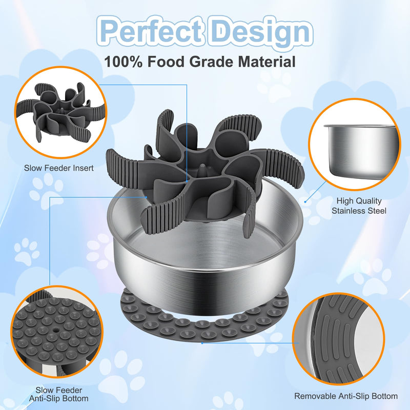 2-in-1 Slow Feeder Dog Bowls, Stainless Steel Pet Bowls with Silicone Slow Feeder Insert, Removable Non-Slip Rubber Base for Small Dogs to Slow Down Eating (Small Breed) Small Breed - BeesActive Australia