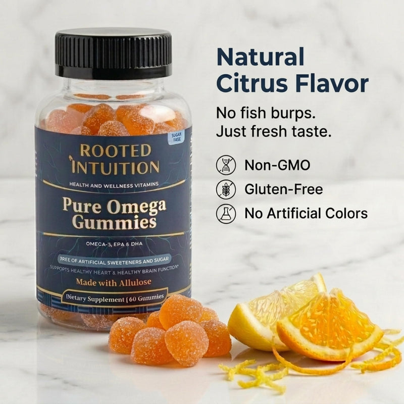 Rooted Fish Oil Omega 3 Gummies for Adults Kids & Teens - DHA & EPA Gummies for Women & Men - Omega-3 Oil for Heart Brain Support - No Fishy Aftertaste - Orange Flavor - 60 Count