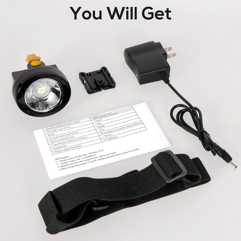 Rechargeable LED Cap Mining Lamp for Hard Hat Helmet, Waterproof Explosion-Proof Miner Headlight Flashlight for Outdoor Work, Tunnel, Coal Mine, Hunting, Fishing, Camping, Caving, Construction KL2.8LM-Yellow Button