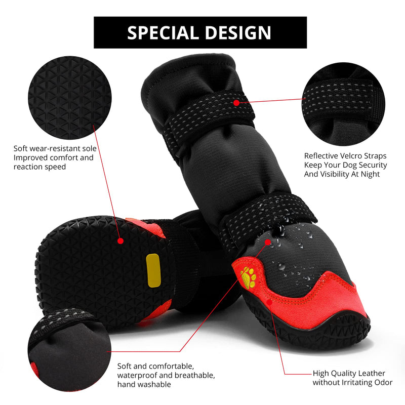 Dog Shoes for Hot Pavement Anti-Slip Dog Boots & Paw Protectors for Summer Rainy Day Dog Snow Boots Waterproof Dog Shoes for Small Medium Large Dogs with Reflective Straps for Hiking 4Pcs Black red Size 7:3.15''x2.75''(L*W) - BeesActive Australia