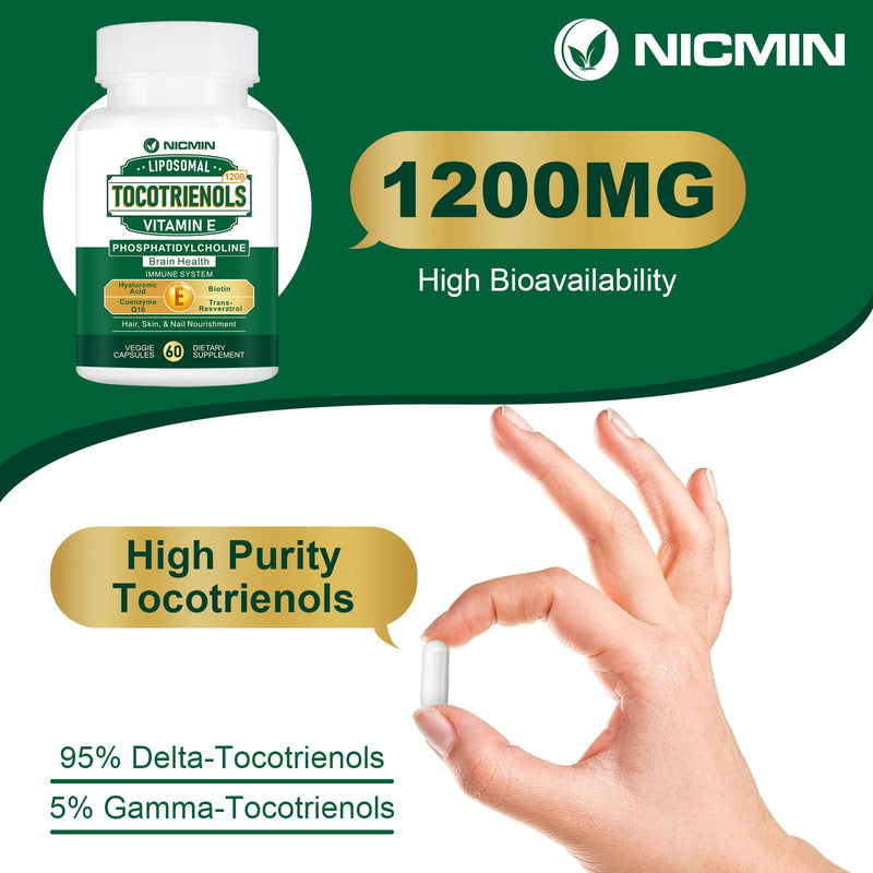 1200MG Vitamin E Tocotrienols Liposomal Tocotrienols Supplement with Phosphatidylcholine, 95% Delta-tocotrienols and 5% Gamma-tocotrienols, High Absorption for Heart, Brain Function 180 Capsules