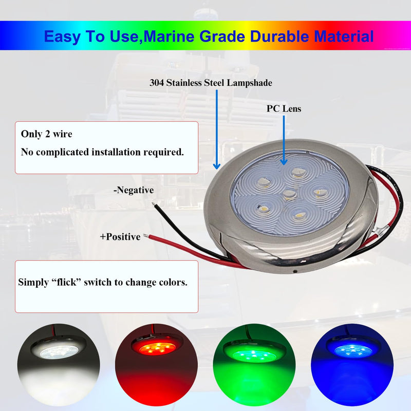 Marine Boat Courtesy Lights, 3 Inch RGBW LED Cabin Light, IP67 Waterproof Stainless Steel Interior Exterior Deck Dome Lamp for Fishing Pontoon Bass Sailboat 12V (4 Pcs)